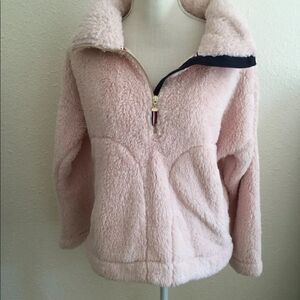Fuzzy
vegan blush turtleneck sweater coat